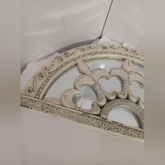 Half Moon Shape Mirror Window Distressed, Beige & Brown Metal Fleur-de-lis - Picture 2 of 7